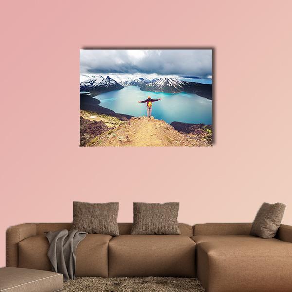 Hike to Garibaldi Lake Canvas Wall Art in gray, brown and blue, single panel hung on a wall
