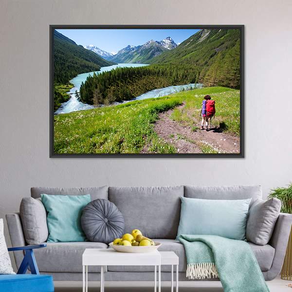Hiker In Altai Mountains Panoramic Canvas Wall Art-1 Piece-36" x 12"-Tiaracle