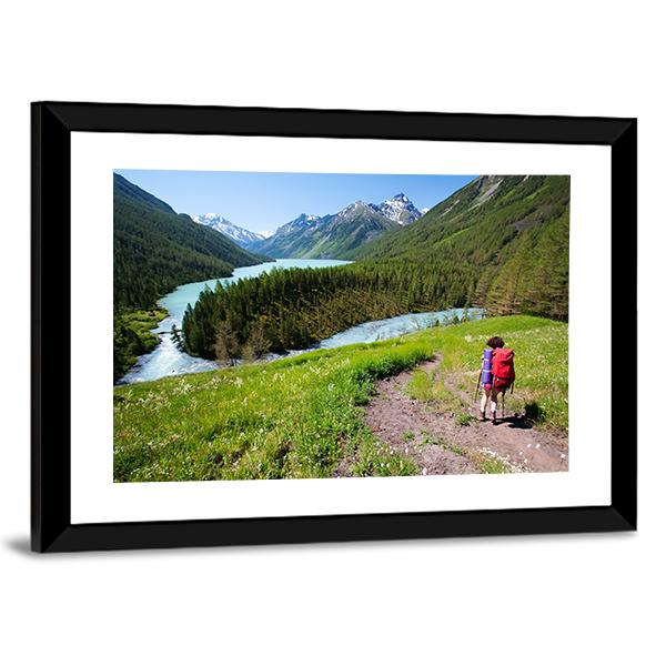 Hiker In Altai Mountains Panoramic Canvas Wall Art-1 Piece-36" x 12"-Tiaracle