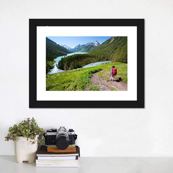 Hiker In Altai Mountains Panoramic Canvas Wall Art-1 Piece-36" x 12"-Tiaracle
