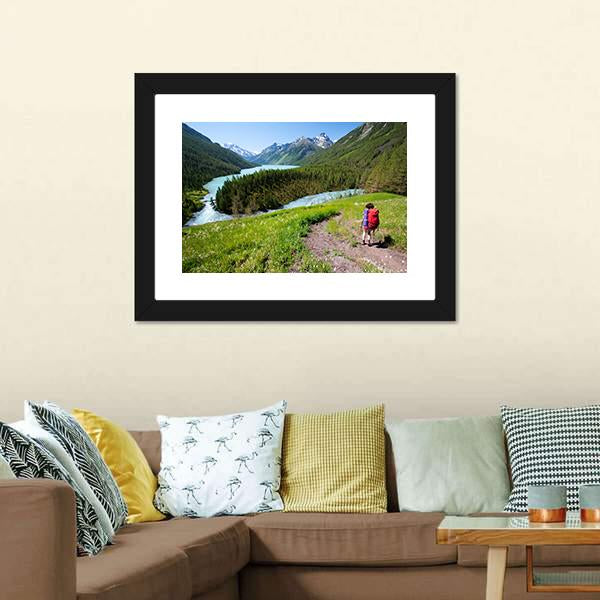 Hiker In Altai Mountains Panoramic Canvas Wall Art-1 Piece-36" x 12"-Tiaracle