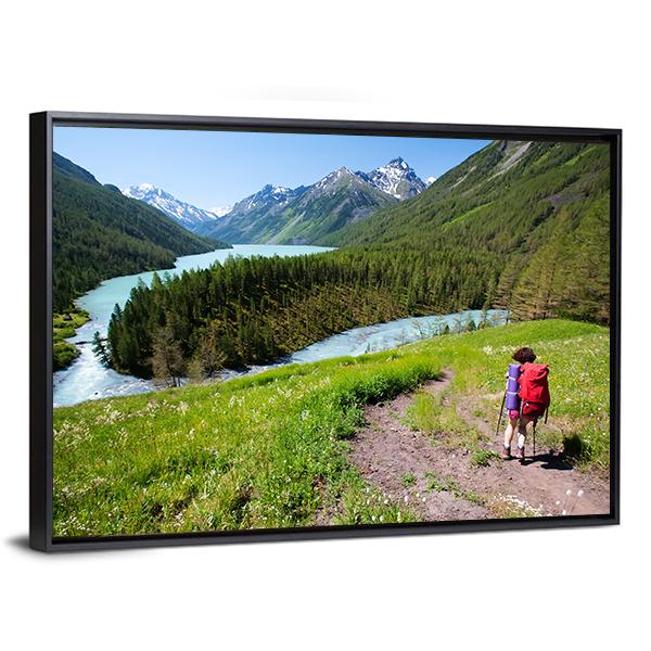 Hiker In Altai Mountains Panoramic Canvas Wall Art-1 Piece-36" x 12"-Tiaracle