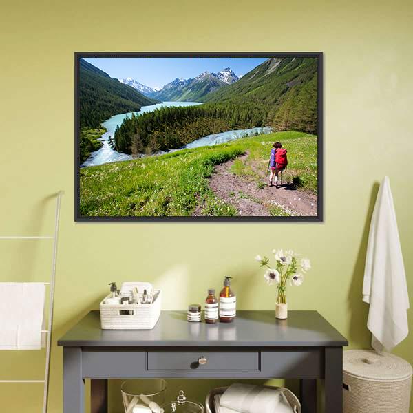 Hiker In Altai Mountains Panoramic Canvas Wall Art-1 Piece-36" x 12"-Tiaracle