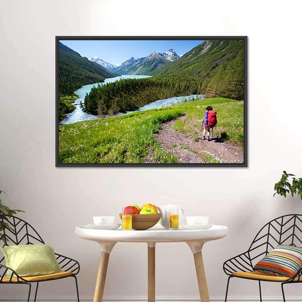 Hiker In Altai Mountains Panoramic Canvas Wall Art-1 Piece-36" x 12"-Tiaracle