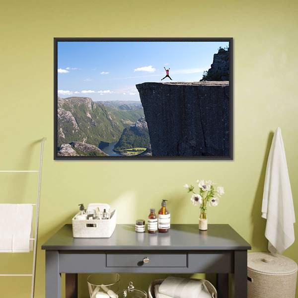 Hiker Jumping On Preikestolen Canvas Wall Art-1 Piece-Floating Frame-24" x 16"-Tiaracle