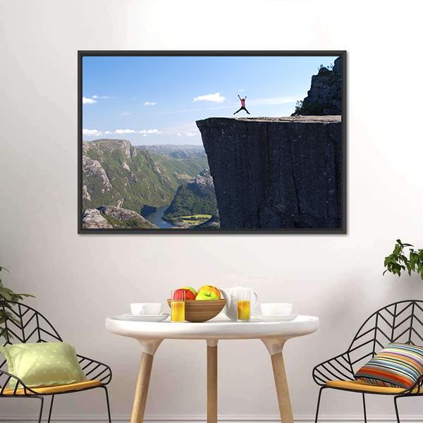 Hiker Jumping On Preikestolen Canvas Wall Art-3 Horizontal-Gallery Wrap-25" x 16"-Tiaracle