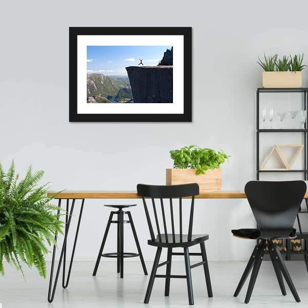 Hiker Jumping On Preikestolen Canvas Wall Art-3 Horizontal-Gallery Wrap-25" x 16"-Tiaracle