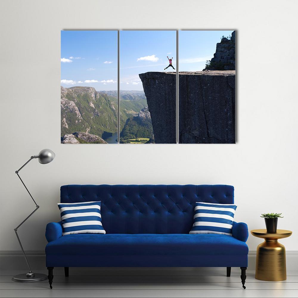 Hiker Jumping On Preikestolen Canvas Wall Art-3 Horizontal-Gallery Wrap-37" x 24"-Tiaracle