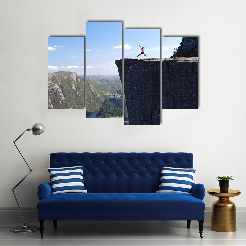 Hiker Jumping On Preikestolen Canvas Wall Art-4 Pop-Gallery Wrap-50" x 32"-Tiaracle