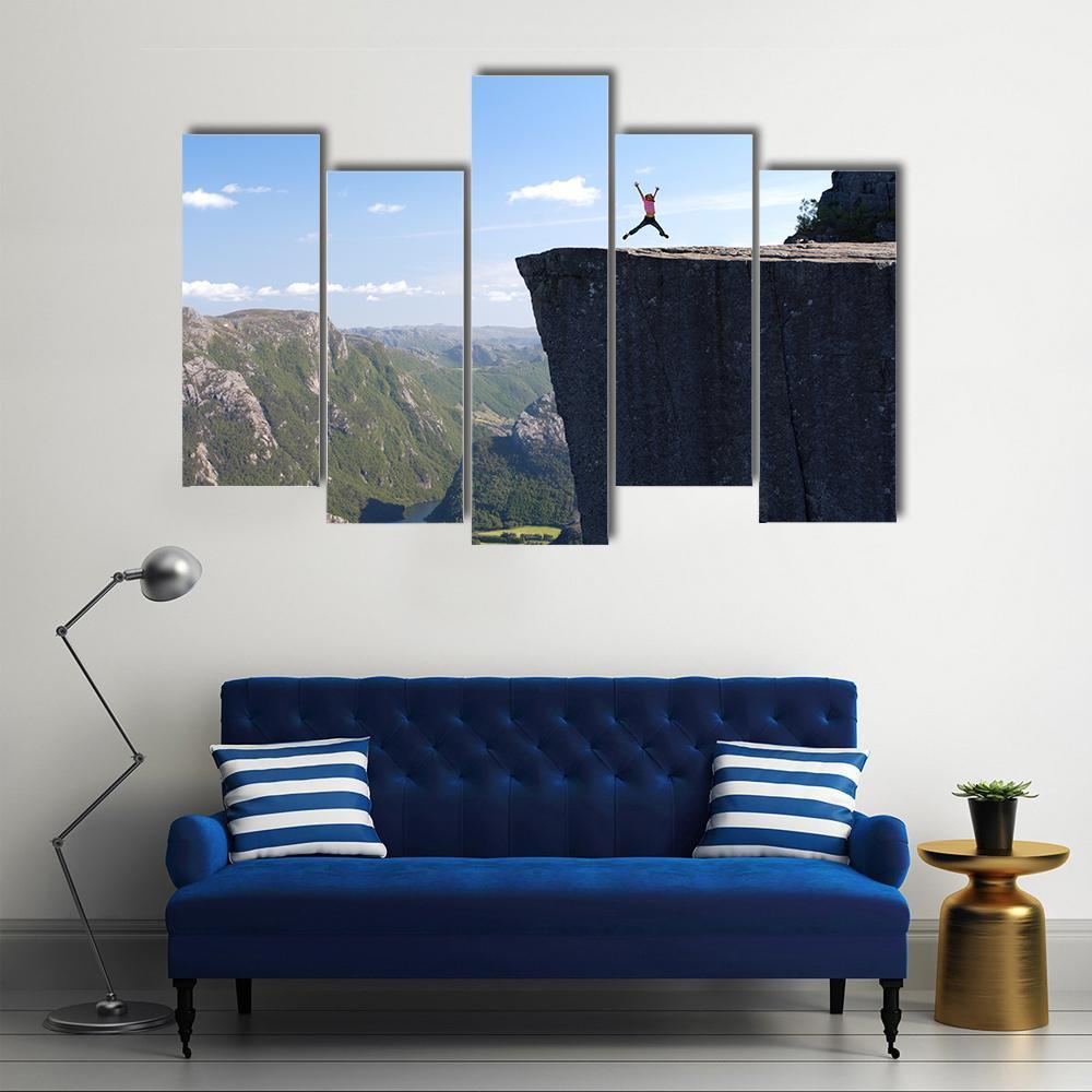 Hiker Jumping On Preikestolen Canvas Wall Art-5 Pop-Gallery Wrap-47" x 32"-Tiaracle