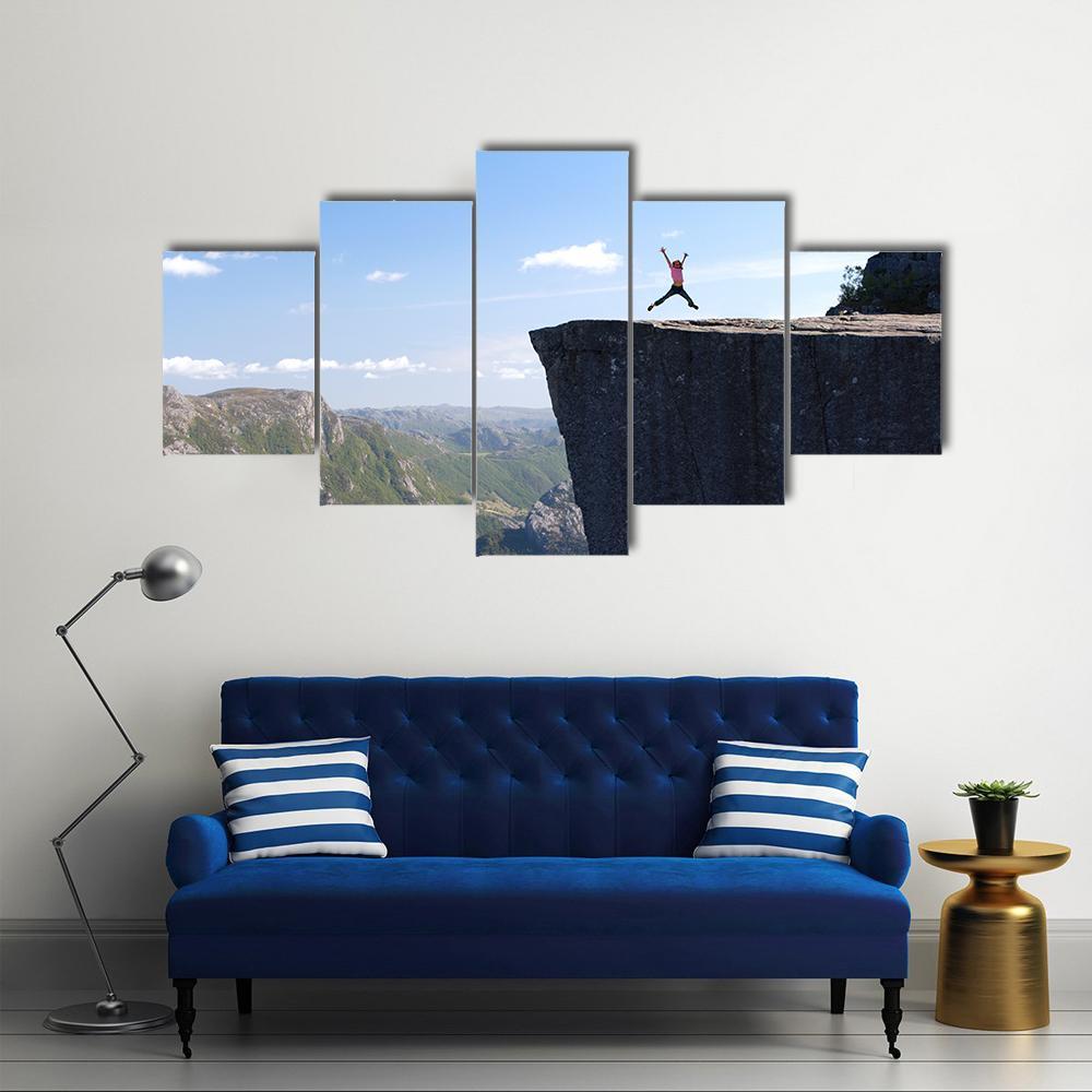 Hiker Jumping On Preikestolen Canvas Wall Art-5 Star-Gallery Wrap-62" x 32"-Tiaracle