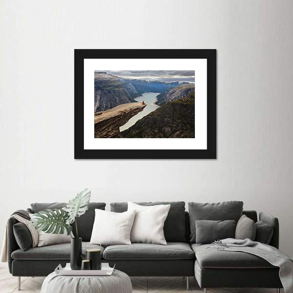 Hiker Sitting On Trolltunga Canvas Wall Art-1 Piece-Framed Print-20" x 16"-Tiaracle