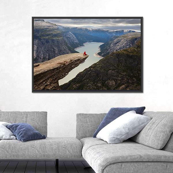 Hiker Sitting On Trolltunga Canvas Wall Art-1 Piece-Floating Frame-24" x 16"-Tiaracle