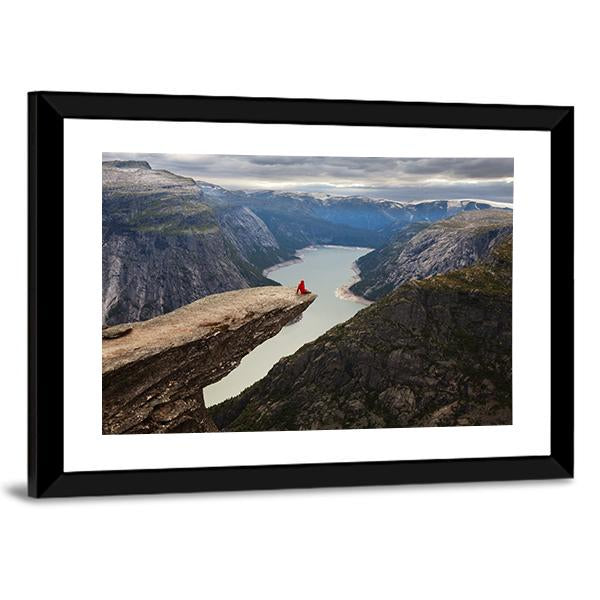 Hiker Sitting On Trolltunga Canvas Wall Art-3 Horizontal-Gallery Wrap-25" x 16"-Tiaracle
