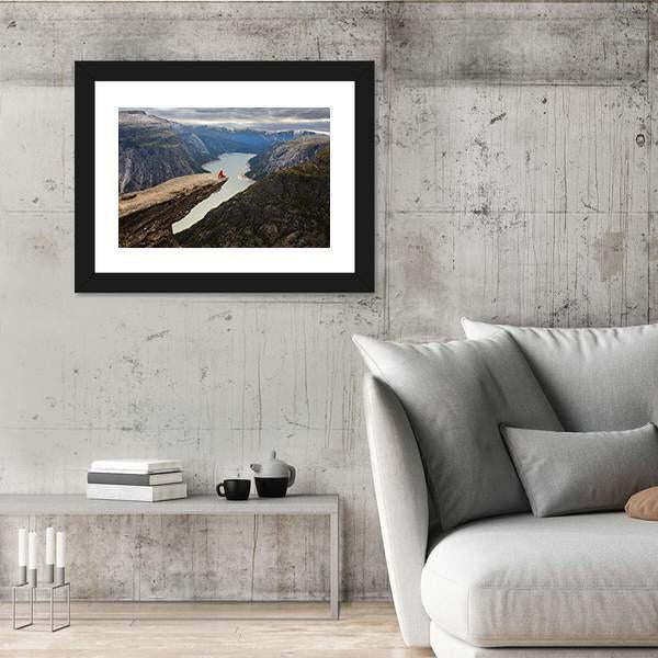 Hiker Sitting On Trolltunga Canvas Wall Art-3 Horizontal-Gallery Wrap-25" x 16"-Tiaracle