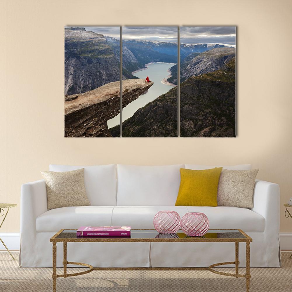 Hiker Sitting On Trolltunga Canvas Wall Art-3 Horizontal-Gallery Wrap-37" x 24"-Tiaracle