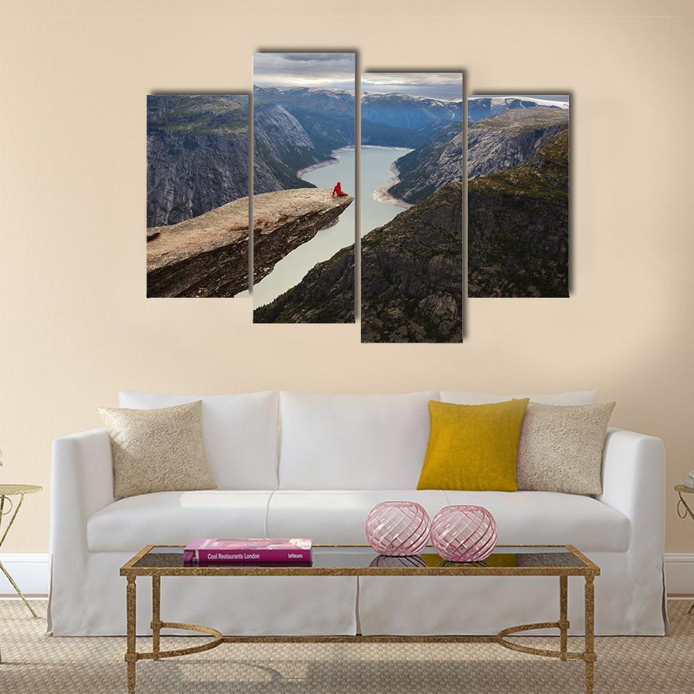 Hiker Sitting On Trolltunga Canvas Wall Art-4 Pop-Gallery Wrap-50" x 32"-Tiaracle