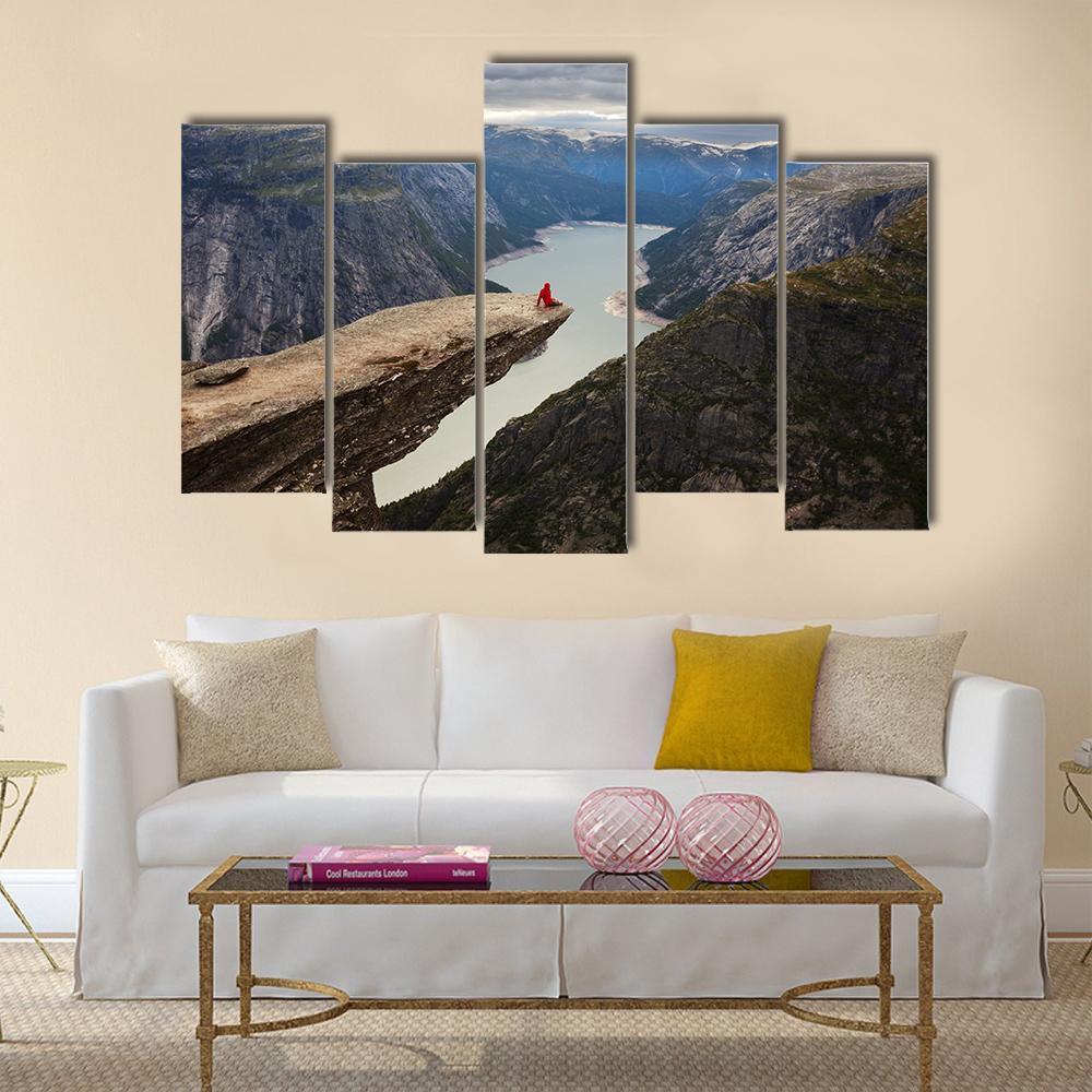 Hiker Sitting On Trolltunga Canvas Wall Art-5 Pop-Gallery Wrap-47" x 32"-Tiaracle