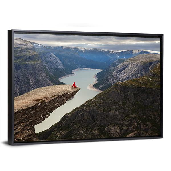Hiker Sitting On Trolltunga Panoramic Canvas Wall Art-1 Piece-36" x 12"-Tiaracle