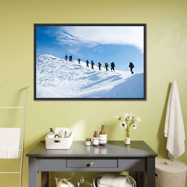 Hikers In Winter Mountain Canvas Wall Art-1 Piece-Floating Frame-24" x 16"-Tiaracle