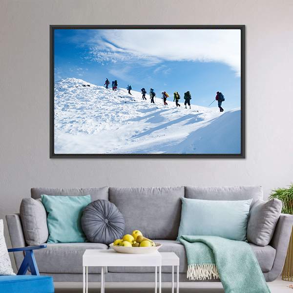 Hikers In Winter Mountain Canvas Wall Art-5 Horizontal-Gallery Wrap-22" x 12"-Tiaracle