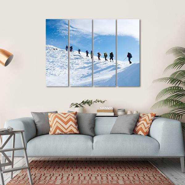 Hikers In Winter Mountain Canvas Wall Art-4 Horizontal-Gallery Wrap-34" x 24"-Tiaracle
