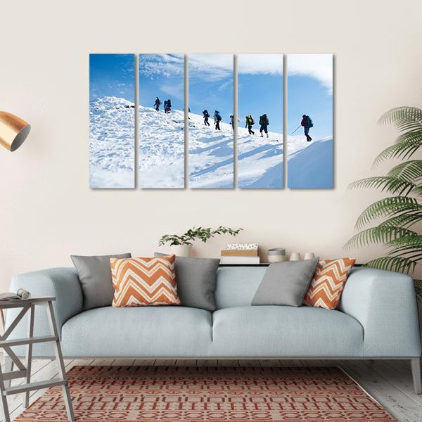 Hikers In Winter Mountain Canvas Wall Art-5 Horizontal-Gallery Wrap-22" x 12"-Tiaracle