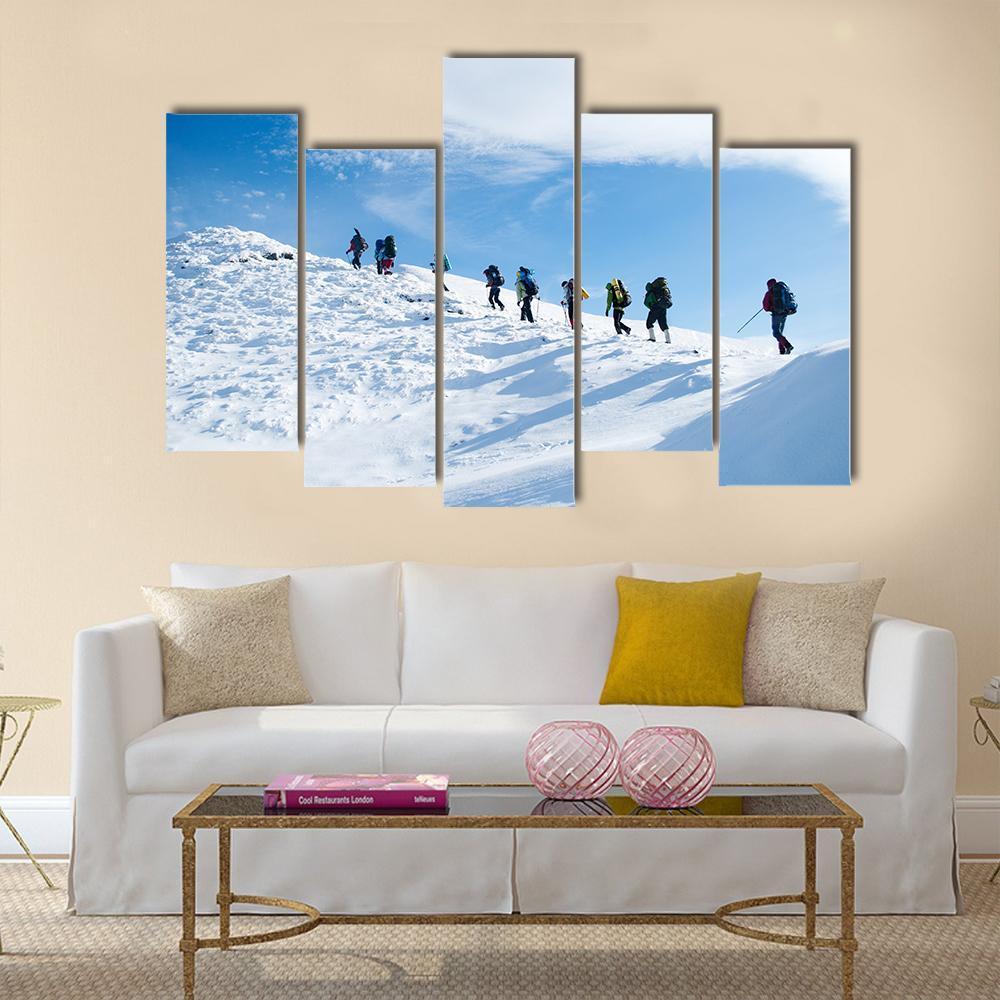 Hikers In Winter Mountain Canvas Wall Art-5 Pop-Gallery Wrap-47" x 32"-Tiaracle