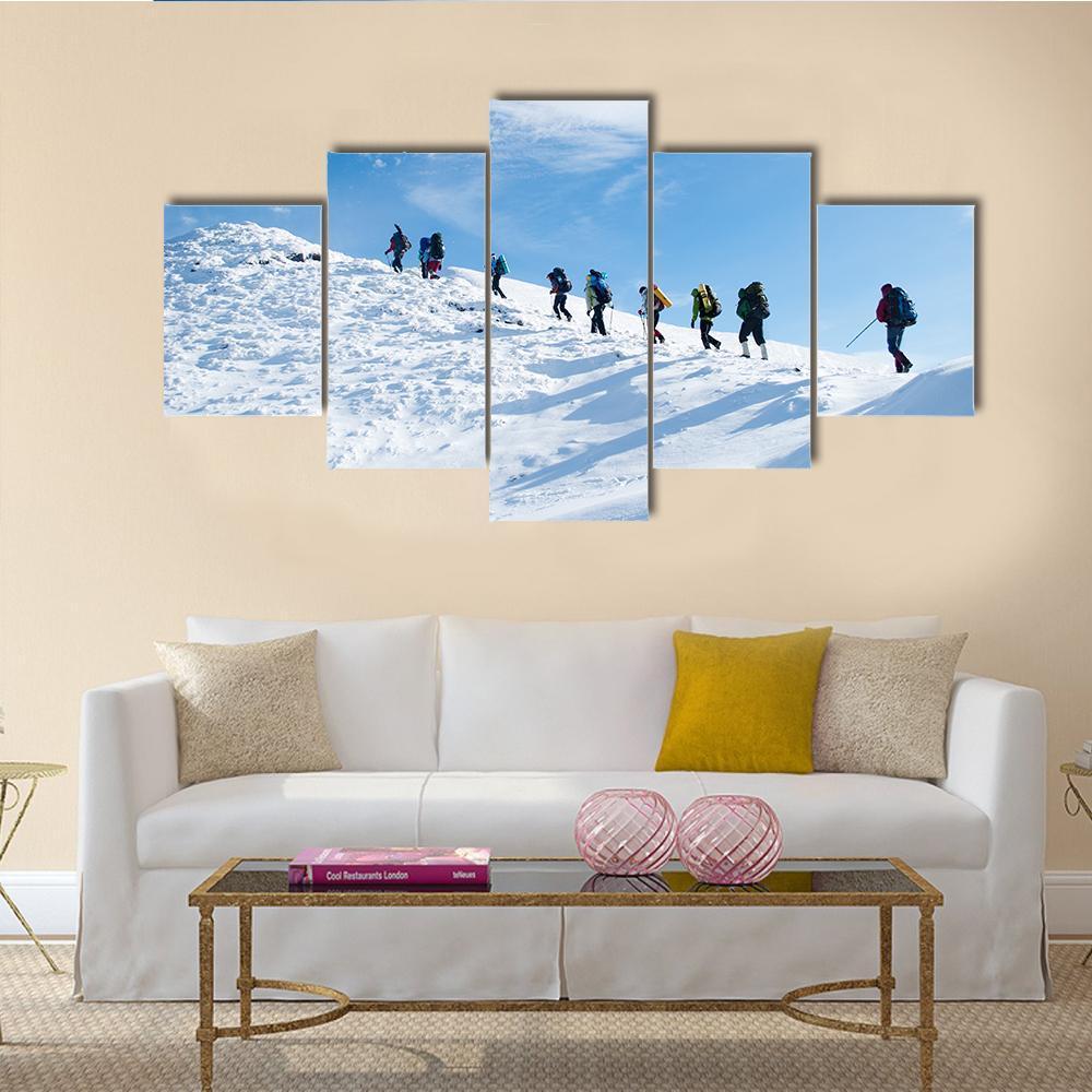Hikers In Winter Mountain Canvas Wall Art-5 Star-Gallery Wrap-62" x 32"-Tiaracle