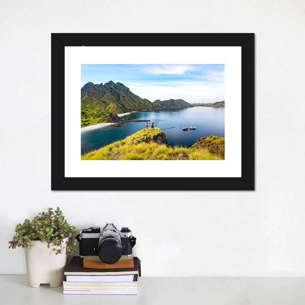 Hikers On Cliff Mountain Canvas Wall Art-1 Piece-Framed Print-20" x 16"-Tiaracle