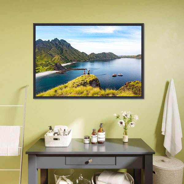 Hikers On Cliff Mountain Canvas Wall Art-1 Piece-Floating Frame-24" x 16"-Tiaracle