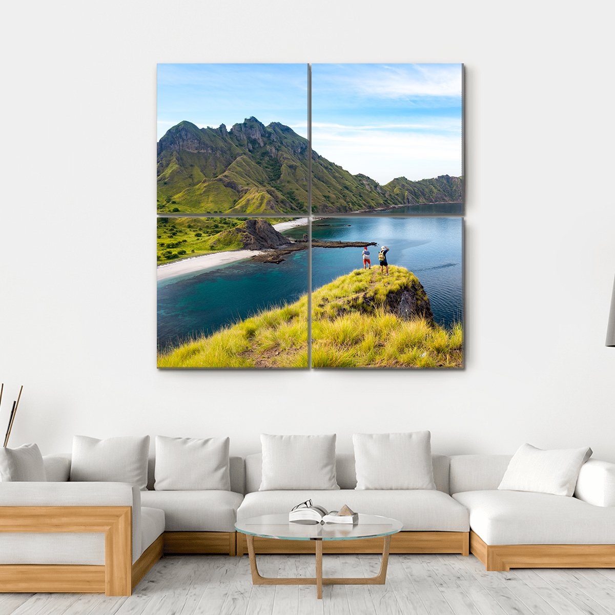 Hikers On Cliff Mountain Canvas Wall Art-4 Square-Gallery Wrap-17" x 17"-Tiaracle