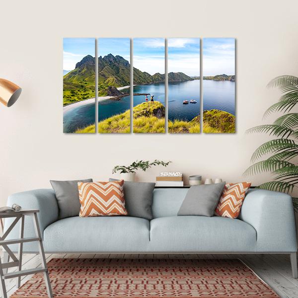 Hikers On Cliff Mountain Canvas Wall Art-5 Horizontal-Gallery Wrap-22" x 12"-Tiaracle