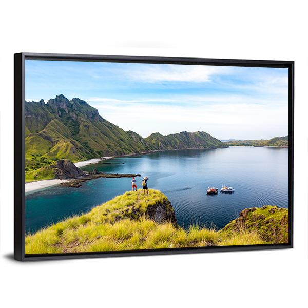 Hikers On Cliff Mountain Canvas Wall Art-3 Horizontal-Gallery Wrap-25" x 16"-Tiaracle