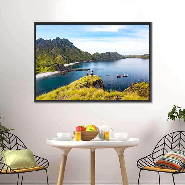 Hikers On Cliff Mountain Canvas Wall Art-3 Horizontal-Gallery Wrap-25" x 16"-Tiaracle