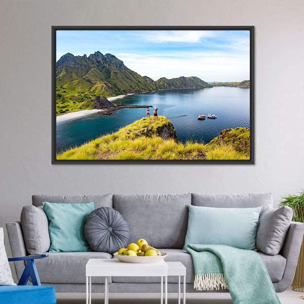 Hikers On Cliff Mountain Canvas Wall Art-3 Horizontal-Gallery Wrap-25" x 16"-Tiaracle