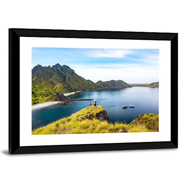 Hikers On Cliff Mountain Canvas Wall Art-3 Horizontal-Gallery Wrap-25" x 16"-Tiaracle