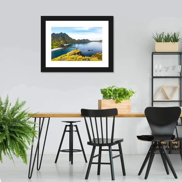 Hikers On Cliff Mountain Canvas Wall Art-3 Horizontal-Gallery Wrap-25" x 16"-Tiaracle