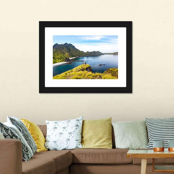 Hikers On Cliff Mountain Canvas Wall Art-3 Horizontal-Gallery Wrap-25" x 16"-Tiaracle