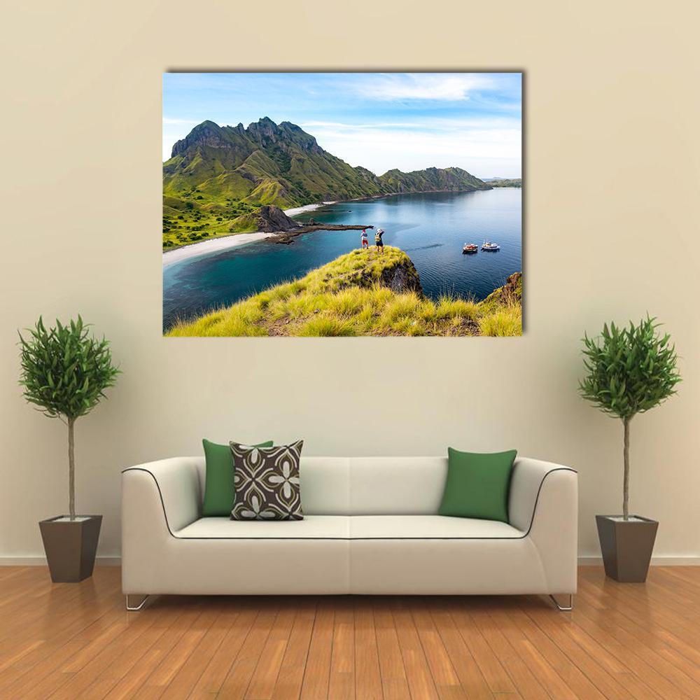 Hikers On Cliff Mountain Canvas Wall Art-4 Pop-Gallery Wrap-50" x 32"-Tiaracle