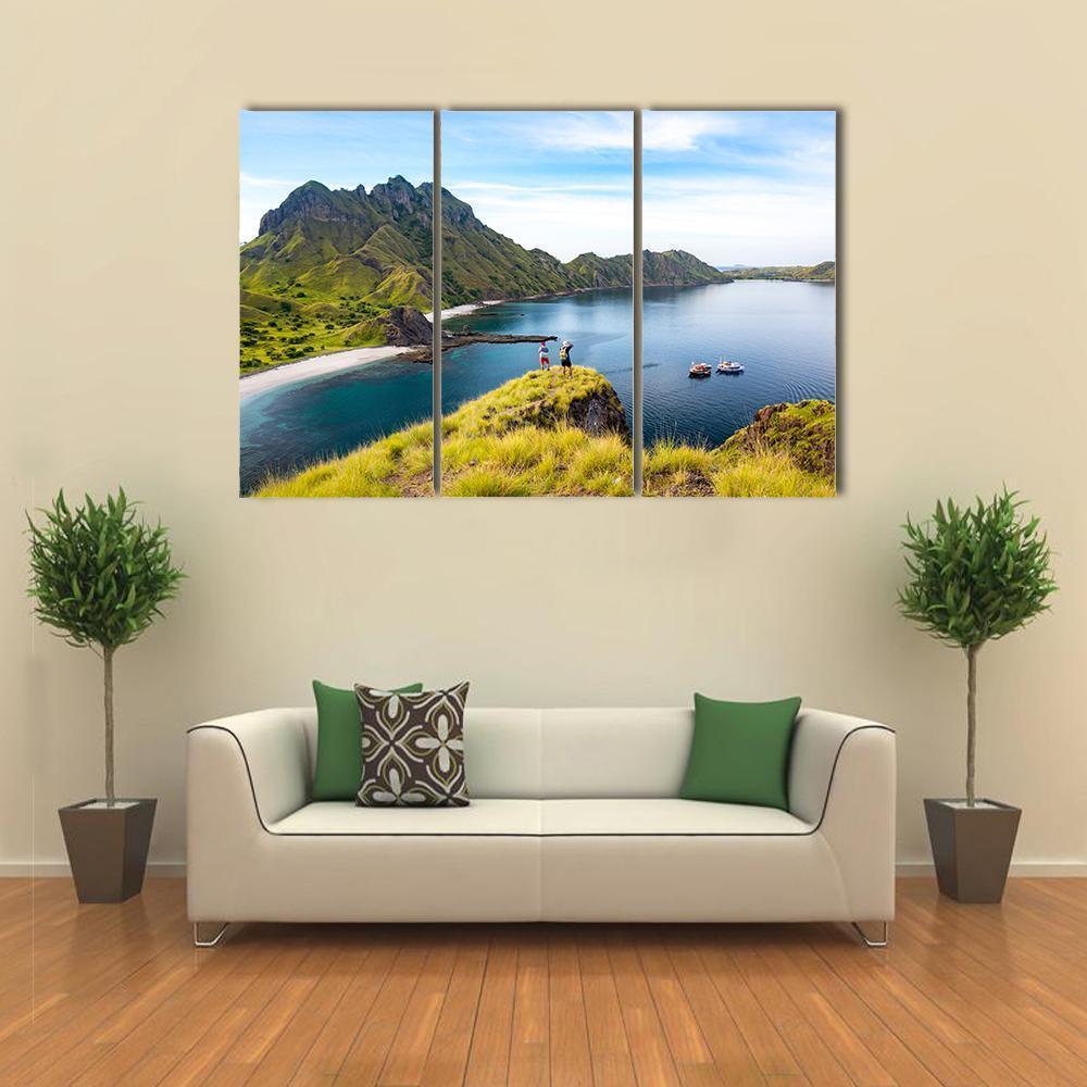 Hikers On Cliff Mountain Canvas Wall Art-3 Horizontal-Gallery Wrap-37" x 24"-Tiaracle