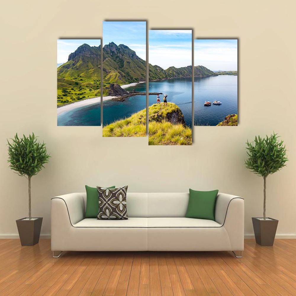 Hikers On Cliff Mountain Canvas Wall Art-4 Pop-Gallery Wrap-50" x 32"-Tiaracle
