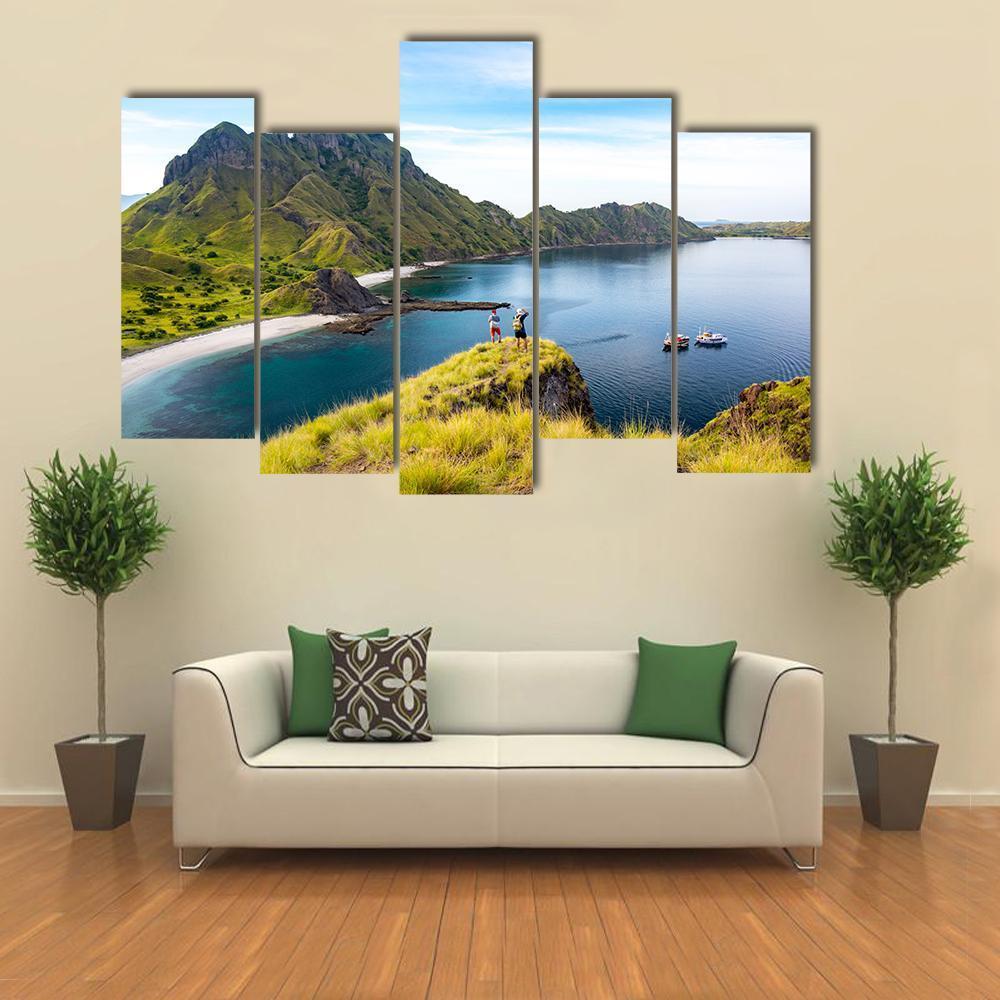 Hikers On Cliff Mountain Canvas Wall Art-5 Pop-Gallery Wrap-47" x 32"-Tiaracle