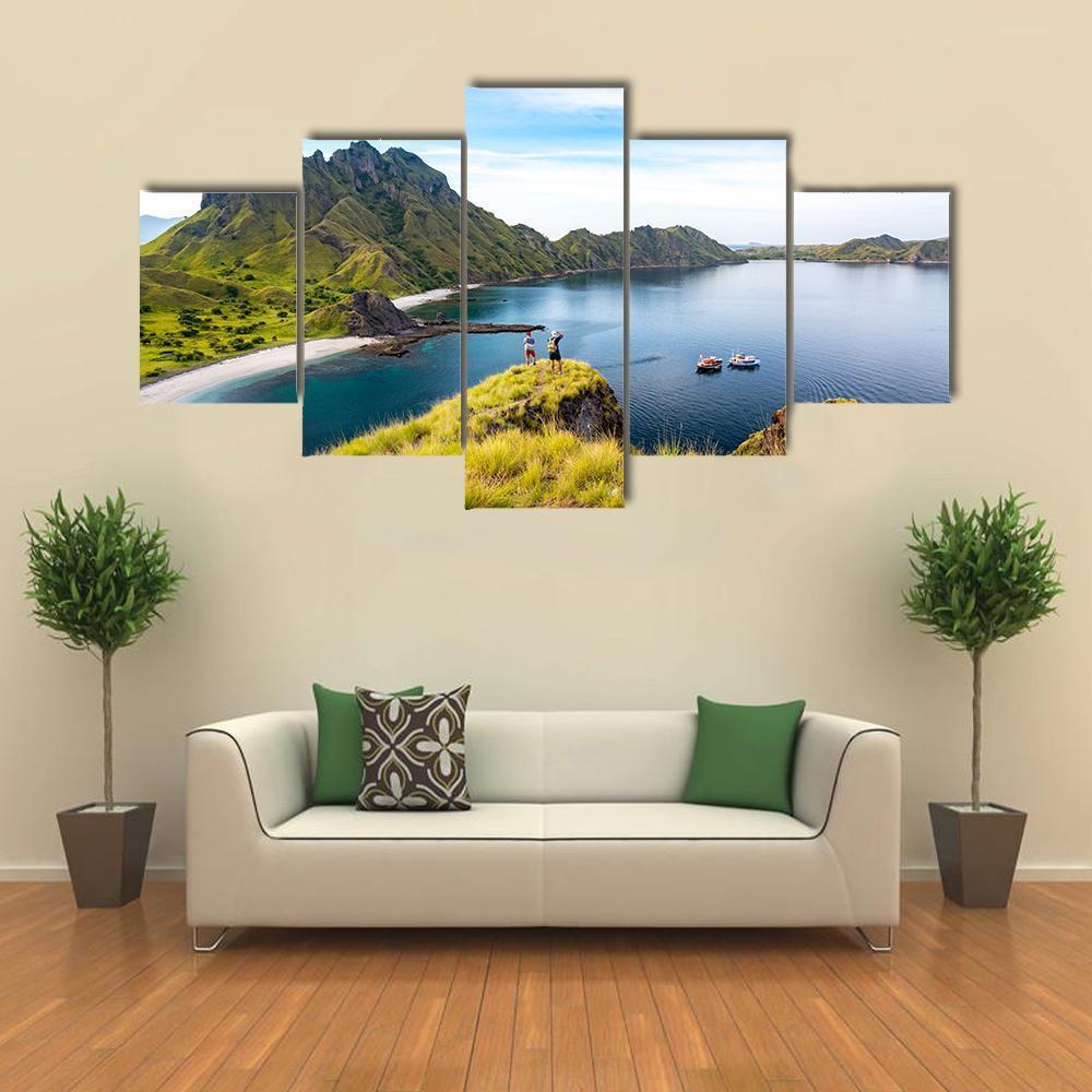 Hikers On Cliff Mountain Canvas Wall Art-5 Star-Gallery Wrap-62" x 32"-Tiaracle