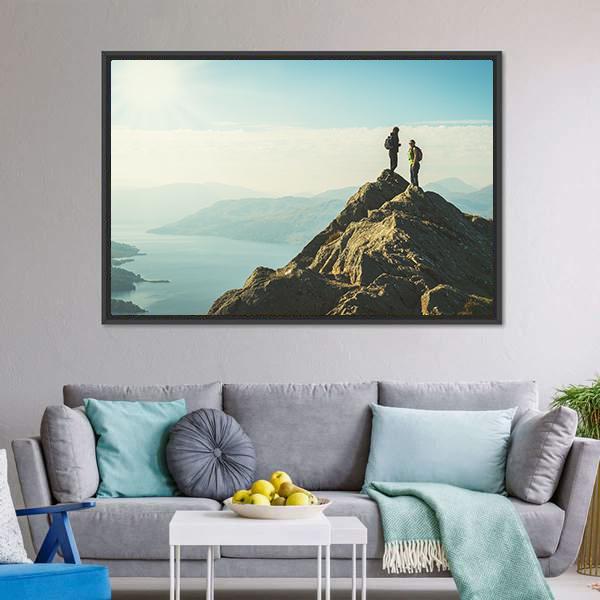 Hikers On Top Of The Mountain Panoramic Canvas Wall Art-1 Piece-36" x 12"-Tiaracle