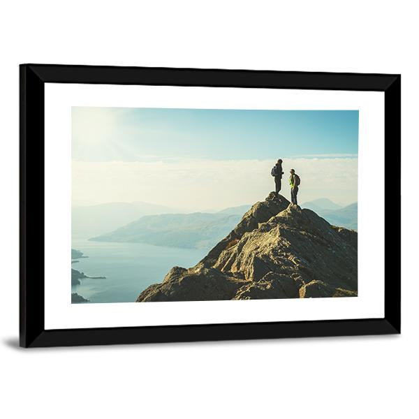 Hikers On Top Of The Mountain Panoramic Canvas Wall Art-1 Piece-36" x 12"-Tiaracle