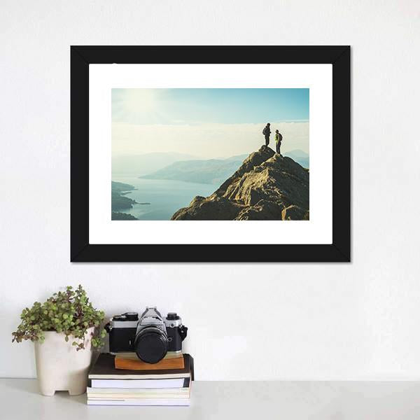 Hikers On Top Of The Mountain Panoramic Canvas Wall Art-1 Piece-36" x 12"-Tiaracle