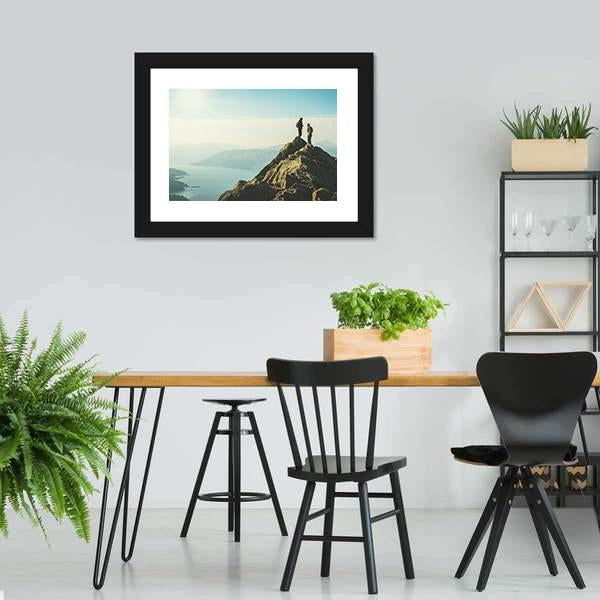 Hikers On Top Of The Mountain Panoramic Canvas Wall Art-1 Piece-36" x 12"-Tiaracle