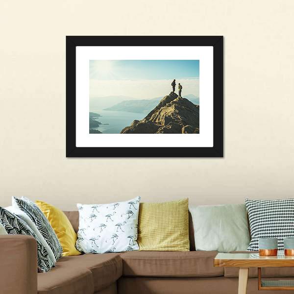 Hikers On Top Of The Mountain Panoramic Canvas Wall Art-1 Piece-36" x 12"-Tiaracle