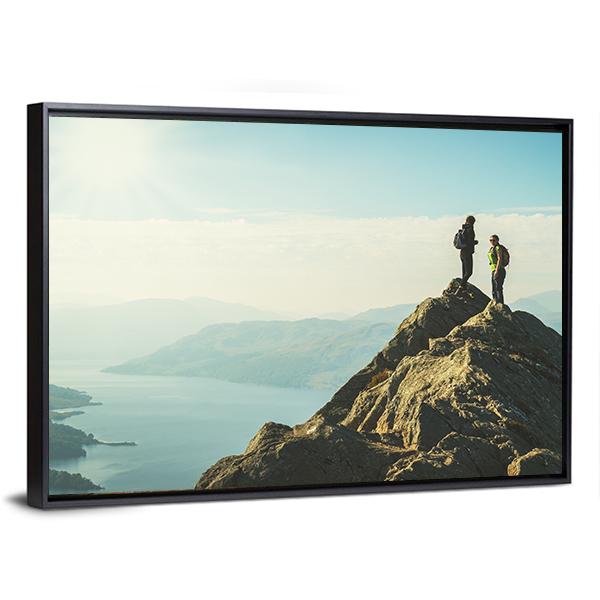 Hikers On Top Of The Mountain Panoramic Canvas Wall Art-1 Piece-36" x 12"-Tiaracle